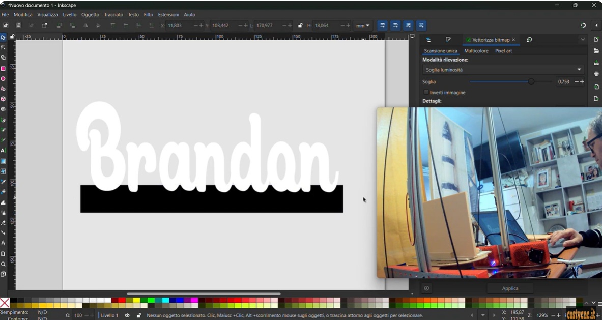 Scritta chiara Brandon sopra rettangolo nero in Inkscape